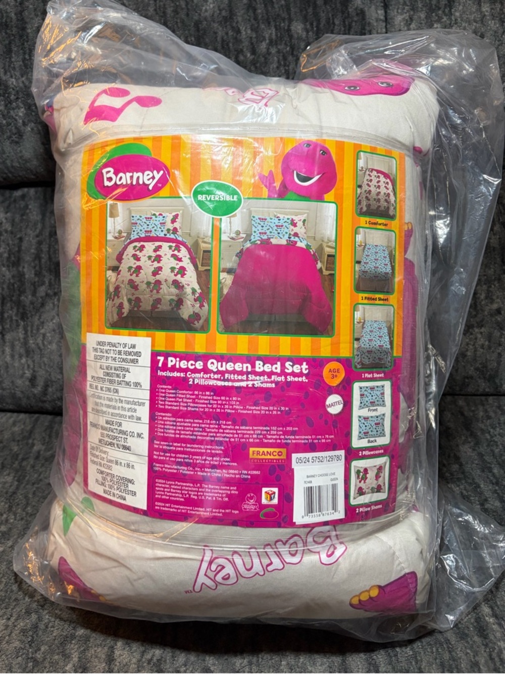Barneys New York Reversible Barney Character Bedding - Purple, Pink & Green